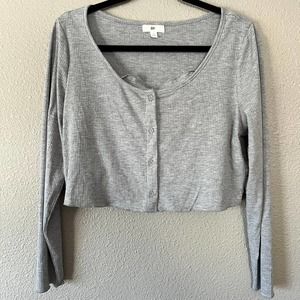 BP. Grey Ribbed Button Front Cropped Long Sleeve Top With Undershirt Cami Lrg